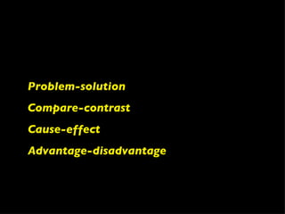 Problem-solution Compare-contrast Cause-effect Advantage-disadvantage 