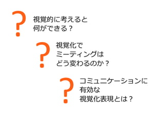 視覚的に考えると
何ができる？
?	
 視覚化で
ミーティングは
どう変わるのか？
?	
コミュニケーションに
有効な
視覚化表現とは？
?	
 