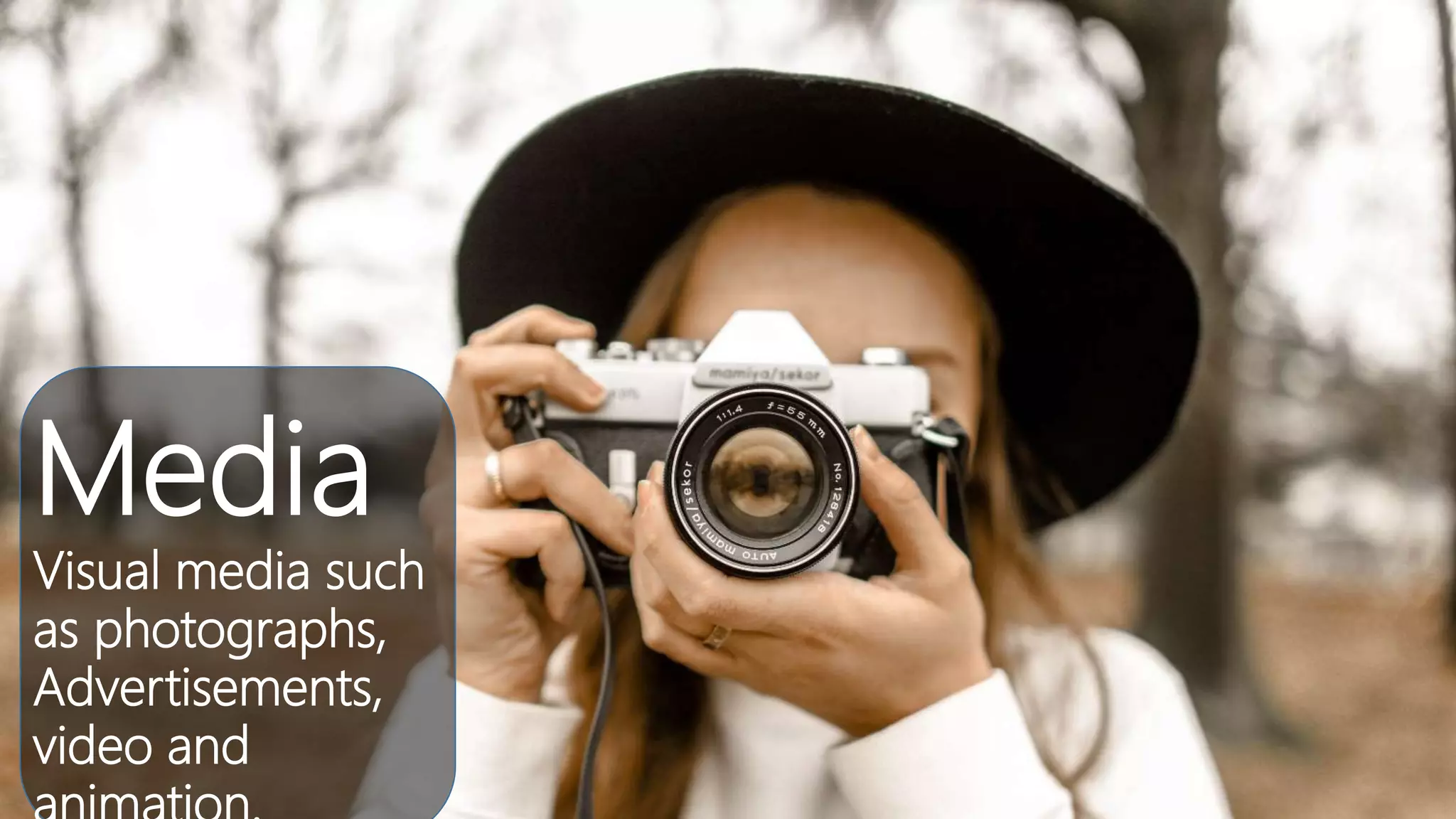 Media
Visual media such
as photographs,
Advertisements,
video and