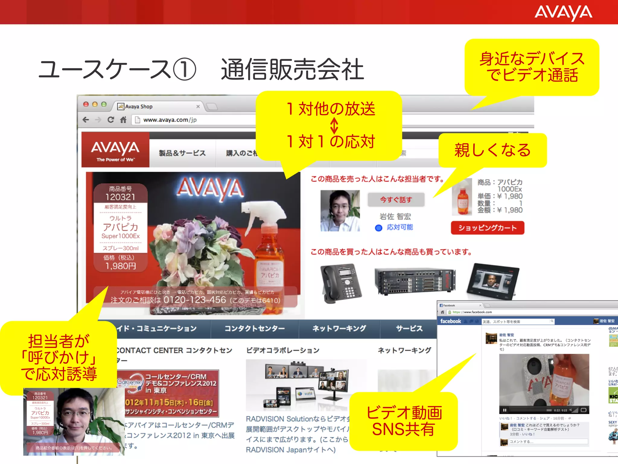 身近なデバイス
 ユースケース① 通信販売会社                                                                         でビデオ通話

                                                                         １対他の放送

                                                                         １対１の応対
                                                                                       親しくなる




 担当者が
「呼びかけ」
で応対誘導

                                                                               ビデオ動画
                                                                               SNS共有
 Avaya - Proprietary. Use pursuant to your signed agreement or Avaya policy.                   6
 