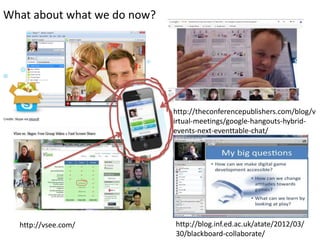 What about what we do now?




                             http://theconferencepublishers.com/blog/v
                             irtual-meetings/google-hangouts-hybrid-
                             events-next-eventtable-chat/




  http://vsee.com/           http://blog.inf.ed.ac.uk/atate/2012/03/
                             30/blackboard-collaborate/
 