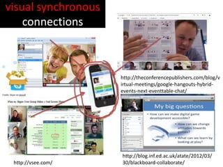 visual synchronous
    connections



                     http://theconferencepublishers.com/blog/v
                     irtual-meetings/google-hangouts-hybrid-
                     events-next-eventtable-chat/




                     http://blog.inf.ed.ac.uk/atate/2012/03/
 http://vsee.com/    30/blackboard-collaborate/
 