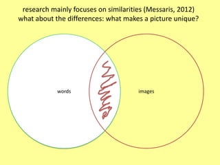 research mainly focuses on similarities (Messaris, 2012)
what about the differences: what makes a picture unique?




            words                    images
 
