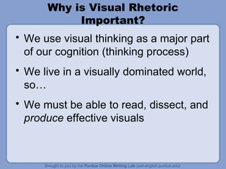 Why is Visual Rhetoric Important? We use visual thinking as a major part of our cognition (thinking process) We live in a visually dominated world, so… We must be able to read, dissect, and  produce  effective visuals 