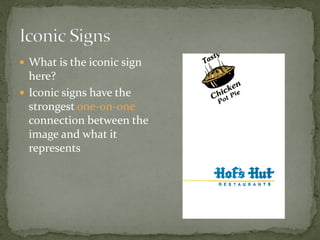  What is the iconic sign
here?
 Iconic signs have the
strongest one-on-one
connection between the
image and what it
represents
 