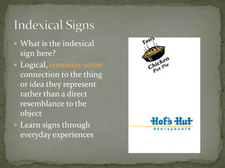  What is the indexical
sign here?
 Logical, common-sense
connection to the thing
or idea they represent
rather than a direct
resemblance to the
object
 Learn signs through
everyday experiences
 