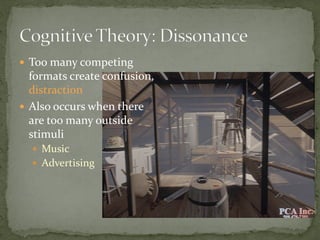  Too many competing
formats create confusion,
distraction
 Also occurs when there
are too many outside
stimuli
 Music
 Advertising
 