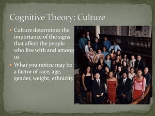  Culture determines the
importance of the signs
that affect the people
who live with and among
us
 What you notice may be
a factor of race, age,
gender, weight, ethnicity
 