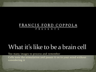 Too many images to process and remember
Cells note the stimulation and passes it on to your mind without
considering it
 