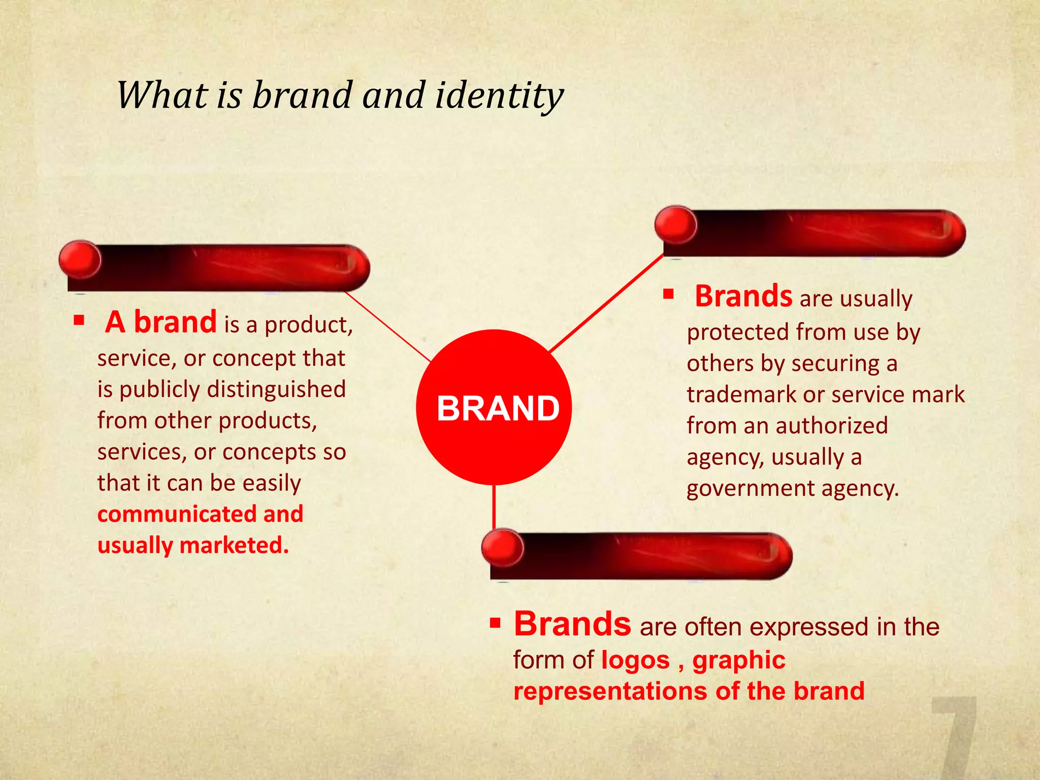  A brand is a product,
service, or concept that
is publicly distinguished
from other products,
services, or concepts so
that it can be easily
communicated and
usually marketed.
 Brands are usually
protected from use by
others by securing a
trademark or service mark
from an authorized
agency, usually a
government agency.
BRAND
 Brands are often expressed in the
form of logos , graphic
representations of the brand
What is brand and identity
 