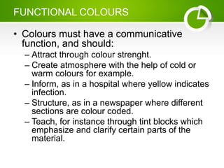 FUNCTIONAL COLOURS
• Colours must have a communicative
function, and should:
– Attract through colour strenght.
– Create atmosphere with the help of cold or
warm colours for example.
– Inform, as in a hospital where yellow indicates
infection.
– Structure, as in a newspaper where different
sections are colour coded.
– Teach, for instance through tint blocks which
emphasize and clarify certain parts of the
material.
 