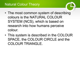 Natural Colour Theory
• The most common system of describing
colours is the NATURAL COLOUR
SYSTEM (NCS), which is based on
research into how humans perceive
colour.
• This system is described in the COLOUR
SPACE, the COLOUR CIRCLE and the
COLOUR TRIANGLE.
 