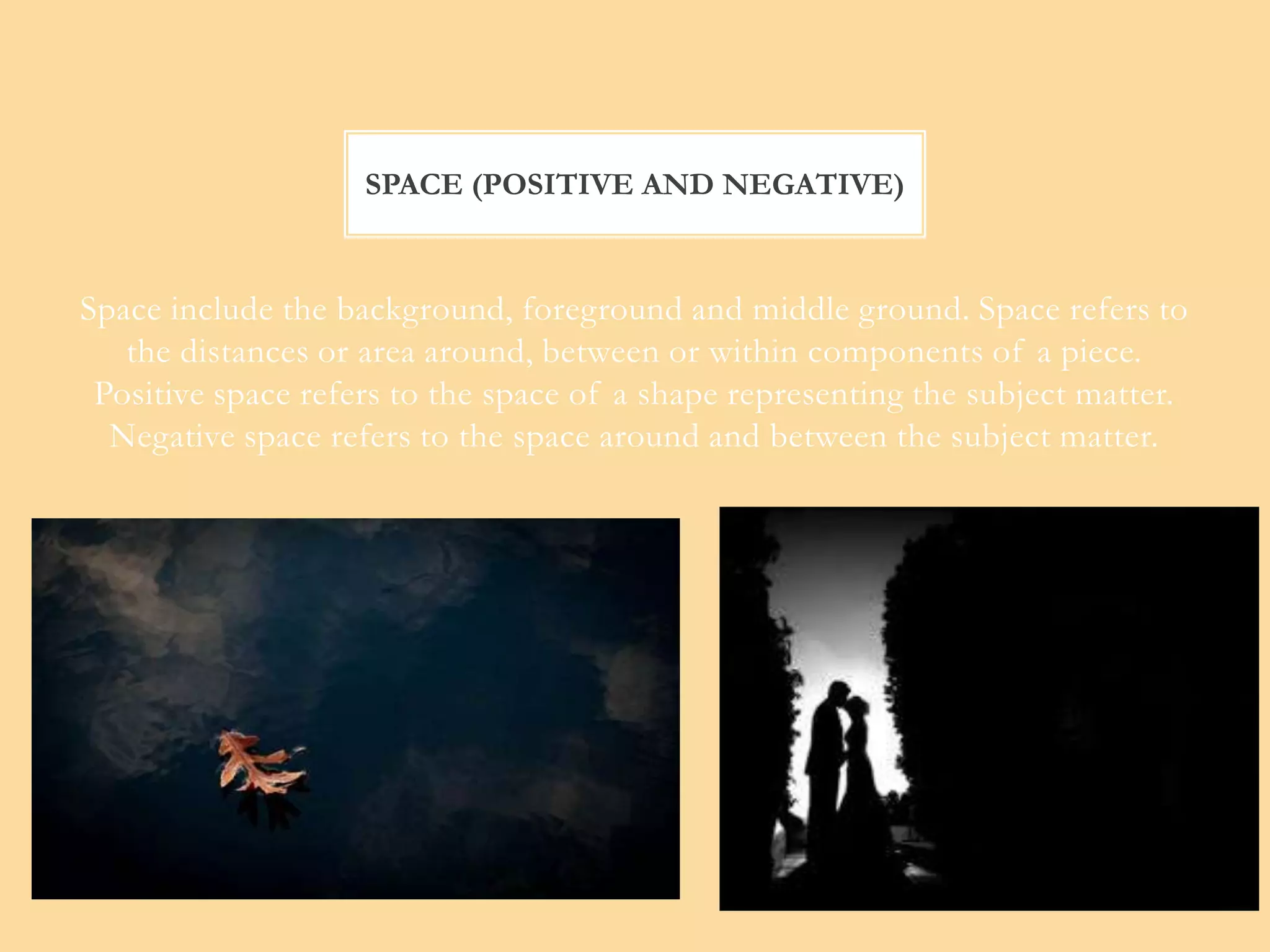 SPACE (POSITIVE AND NEGATIVE)


Space include the background, foreground and middle ground. Space refers to
   the distances or area around, between or within components of a piece.
 Positive space refers to the space of a shape representing the subject matter.
  Negative space refers to the space around and between the subject matter.
 