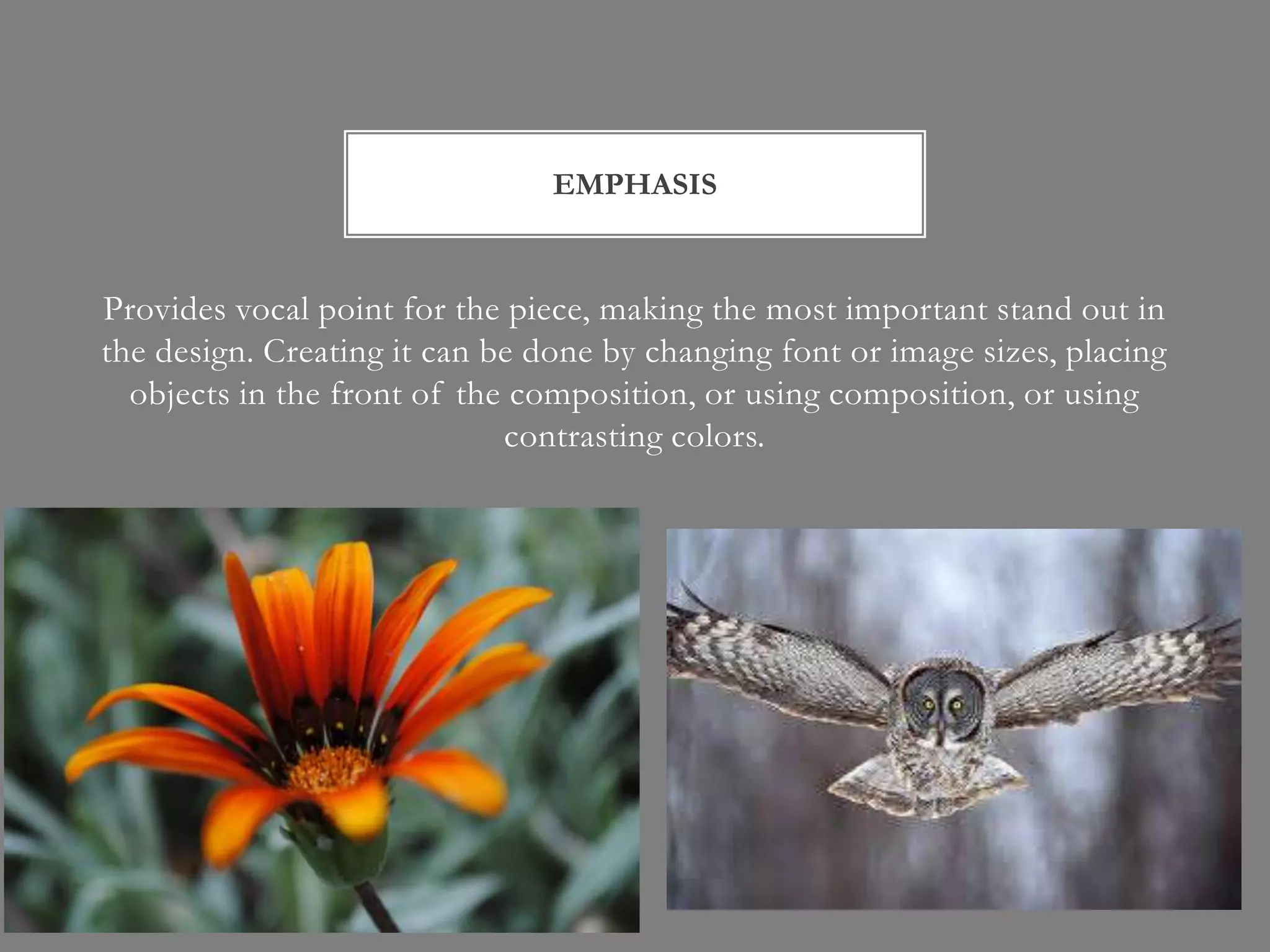 EMPHASIS


Provides vocal point for the piece, making the most important stand out in
the design. Creating it can be done by changing font or image sizes, placing
  objects in the front of the composition, or using composition, or using
                             contrasting colors.
 