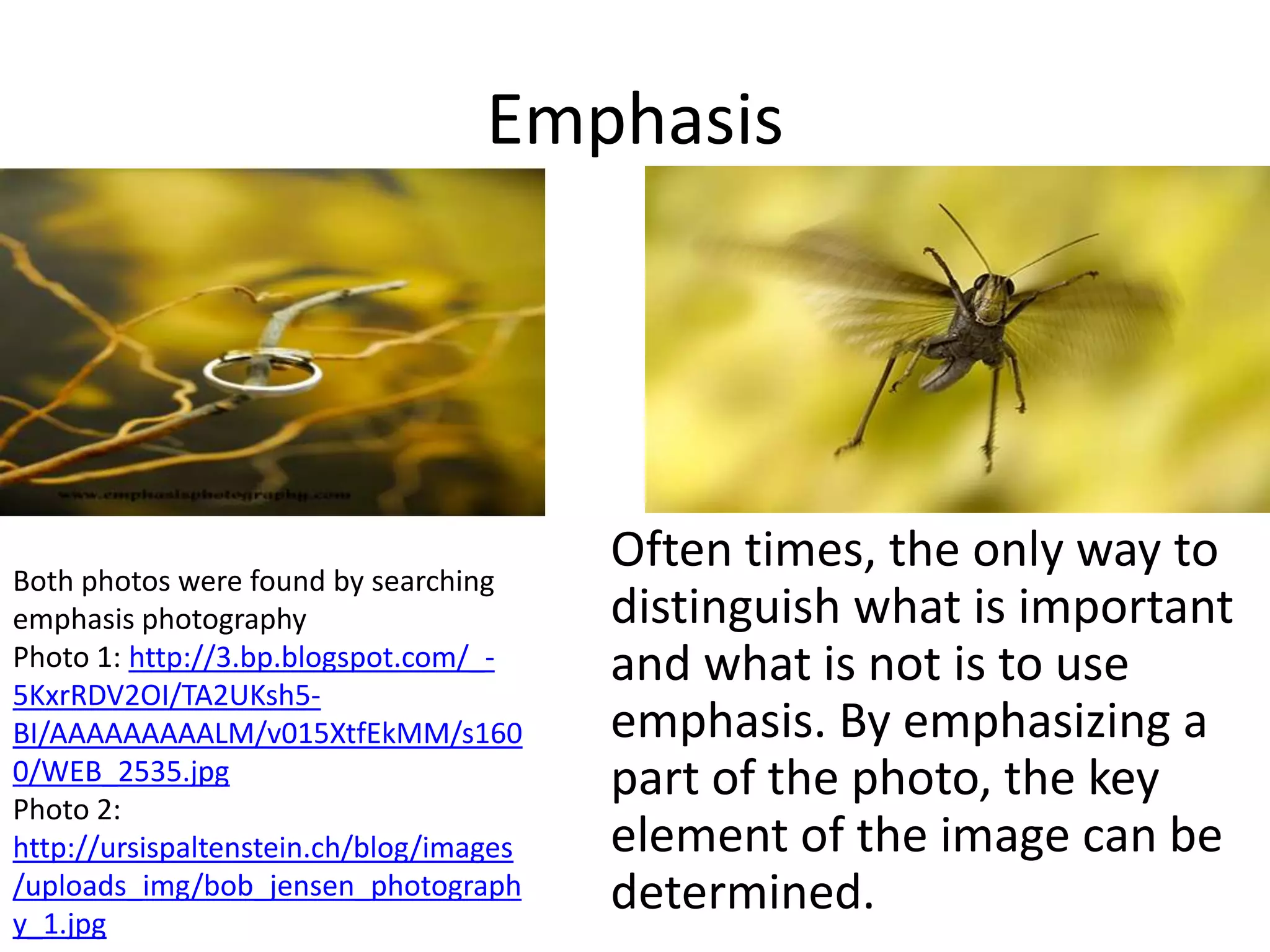 Emphasis




Both photos were found by searching
                                         Often times, the only way to
emphasis photography                     distinguish what is important
Photo 1: http://3.bp.blogspot.com/_-
5KxrRDV2OI/TA2UKsh5-
                                         and what is not is to use
BI/AAAAAAAAALM/v015XtfEkMM/s160          emphasis. By emphasizing a
0/WEB_2535.jpg
Photo 2:
                                         part of the photo, the key
http://ursispaltenstein.ch/blog/images   element of the image can be
/uploads_img/bob_jensen_photograph
y_1.jpg
                                         determined.
 