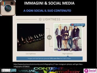IMMAGINI & SOCIAL MEDIA
A OGNI SOCIAL IL SUO CONTENUTO
http://www.business2community.com/infographics/7-tips-instagram-photos-will-get-likes-
infographic-0729810#!C7K3j
 