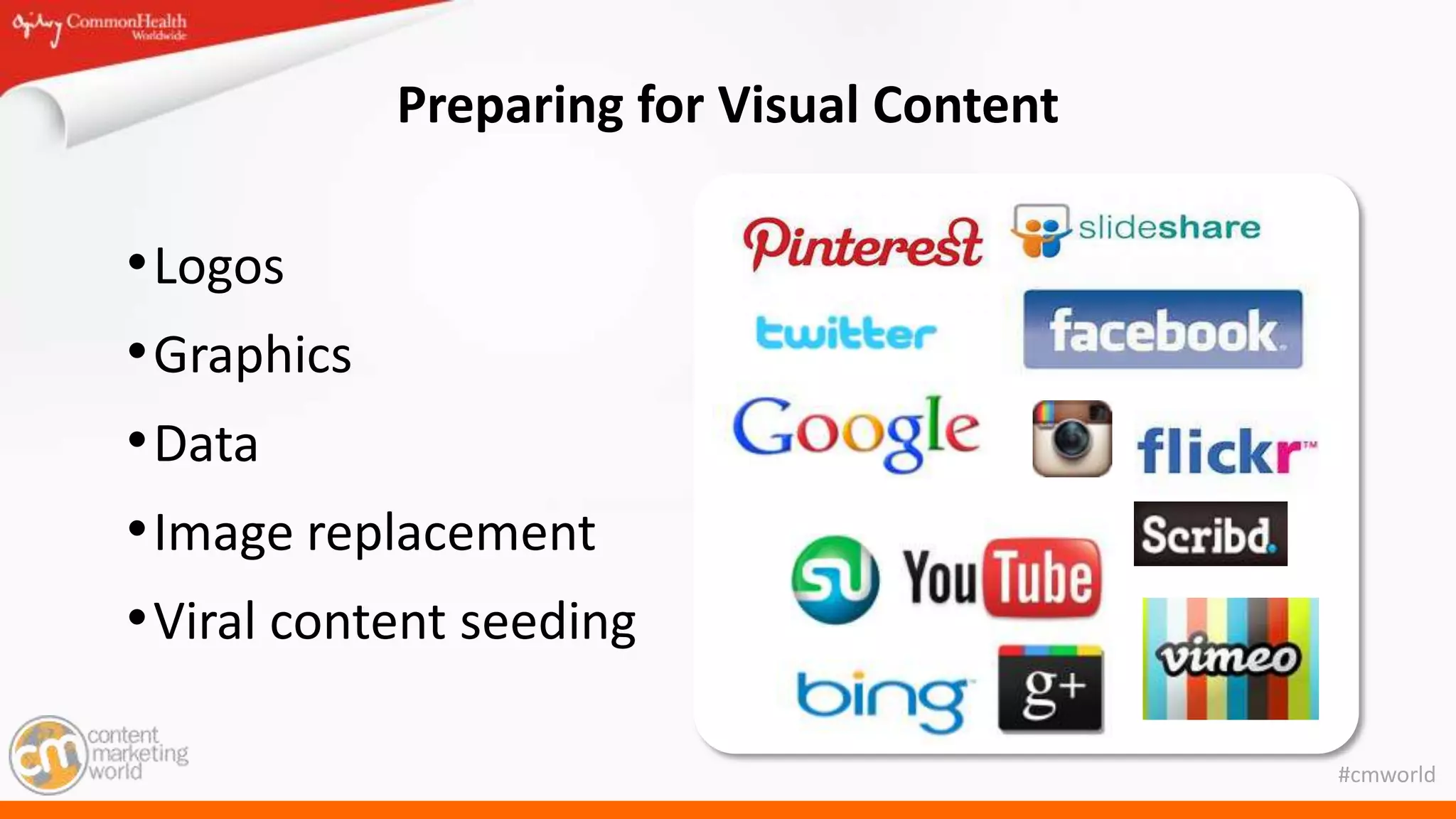#cmworld
Preparing for Visual Content
•Logos
•Graphics
•Data
•Image replacement
•Viral content seeding
 
