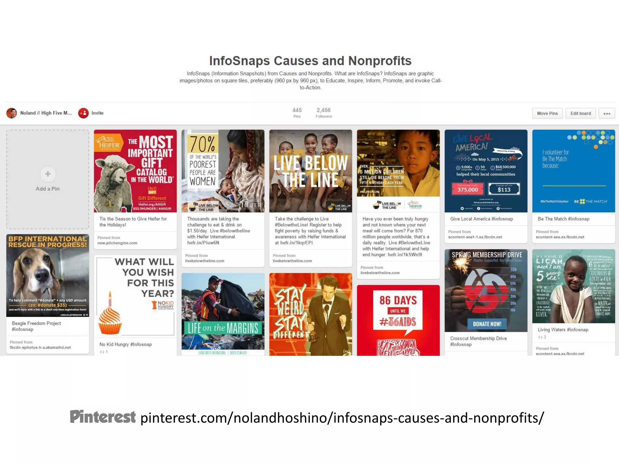 Pinterest pinterest.com/nolandhoshino/infosnaps-causes-and-nonprofits/
 