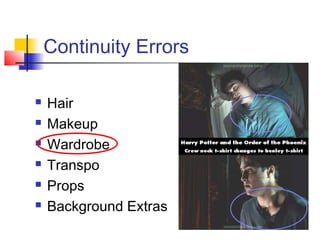 Continuity Errors







Hair
Makeup
Wardrobe
Transpo
Props
Background Extras

 