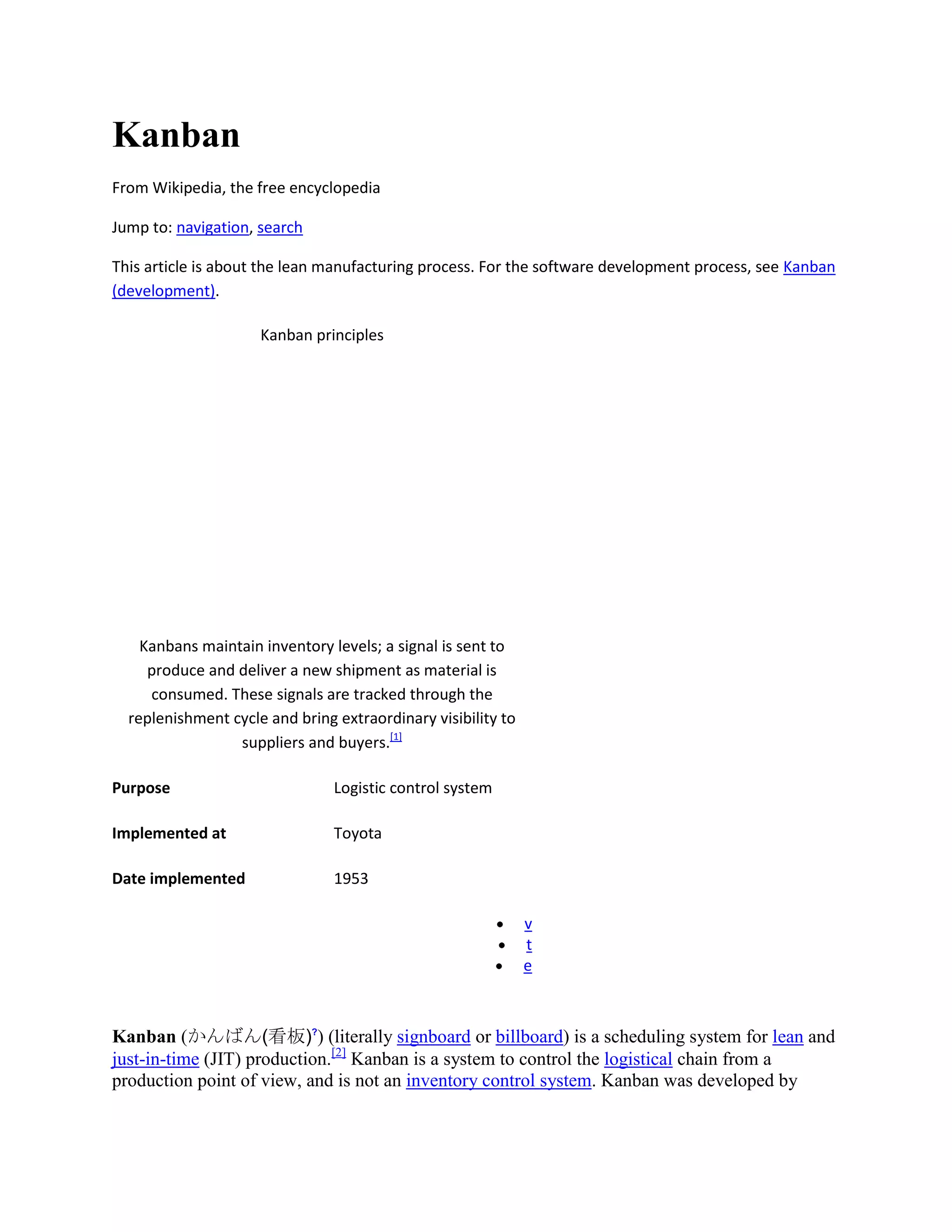 Kanban
From Wikipedia, the free encyclopedia
Jump to: navigation, search
This article is about the lean manufacturing process. For the software development process, see Kanban
(development).
Kanban principles

Kanbans maintain inventory levels; a signal is sent to
produce and deliver a new shipment as material is
consumed. These signals are tracked through the
replenishment cycle and bring extraordinary visibility to
suppliers and buyers.[1]
Purpose

Logistic control system

Implemented at

Toyota

Date implemented

1953
v
t
e

Kanban (かんばん(看板)?) (literally signboard or billboard) is a scheduling system for lean and
just-in-time (JIT) production.[2] Kanban is a system to control the logistical chain from a
production point of view, and is not an inventory control system. Kanban was developed by

 