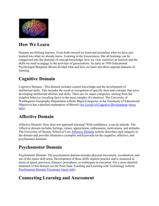 How We Learn
Humans are lifelong learners. From birth onward we learn and assimilate what we have just
learned into what we already know. Learning in the Geosciences, like all learning, can be
catagorized into the domains of concept knowledge, how we view ourselves as learners and the
skills we need to engage in the activities of geoscientists. As early as 1956 Educational
Psychologist Benjamin Bloom divided what and how we learn into three seperate domains of
learning.

Cognitive Domain
Cognitive Domain - This domain includes content knowledge and the development of
intellectual skills. This includes the recall or recognition of specific facts and concepts that serve
developing intellectual abilities and skills. There are six major categories, starting from the
simplest behavior (recalling facts) to the most complex (Evaluation). The University of
Washington's Geography Department website Major Categories in the Taxonomy of Educational
Objectives has a detailed explanation of Bloom's Six Levels of Cognitive Development (more
info)

Affective Domain
Affective Domain- How does one approach learning? With confidence, a can do attitude. The
Affective domain includes feelings, values, appreciation, enthusiasms, motivations, and attitudes.
The University of Dayton, School of Law Affective Domain website describes each catagory in
the domain and provides illustrative examples and keywords for the cognitive, affective, and
psychomotor domains.

Psychomotor Domain
Psychomotor Domain- The psychomotor domain includes physical movement, coordination, and
use of the motor-skill areas. Development of these skills requires practice and is measured in
terms of speed, precision, distance, procedures, or techniques in execution. For a more detailed
treatment of this domain see the Penn State Teaching and Learning with Technology website
Psychomotor Domain Taxonomy (more info)

Connecting Learning and Assessment

 