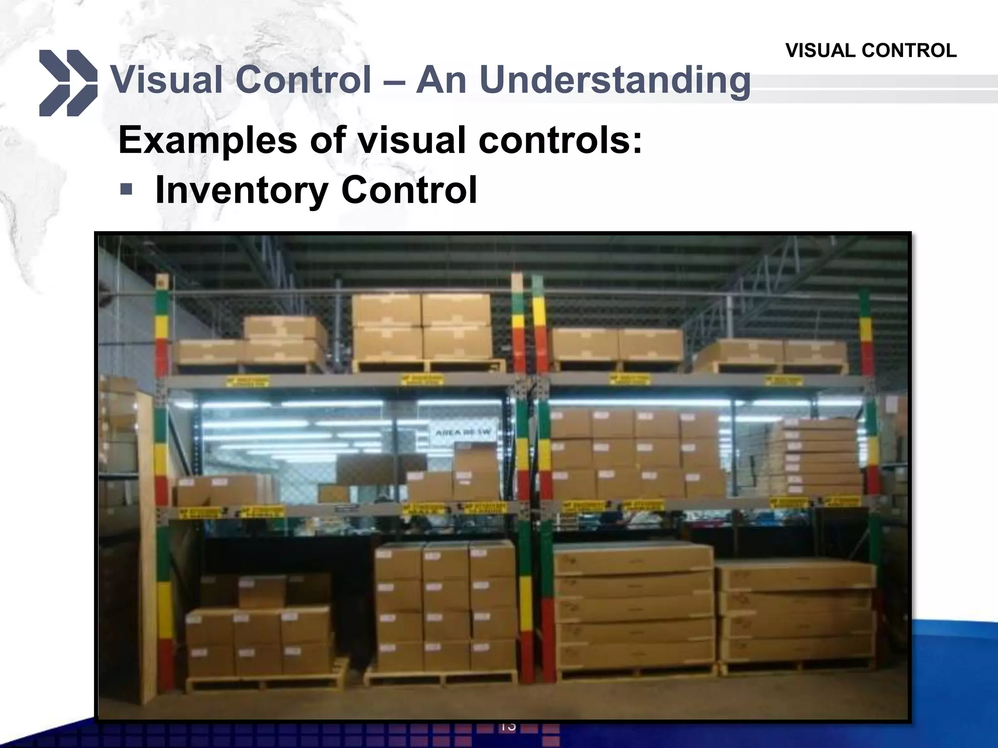 VISUAL CONTROL
Visual Control – An Understanding
Examples of visual controls:
 Inventory Control
13
 