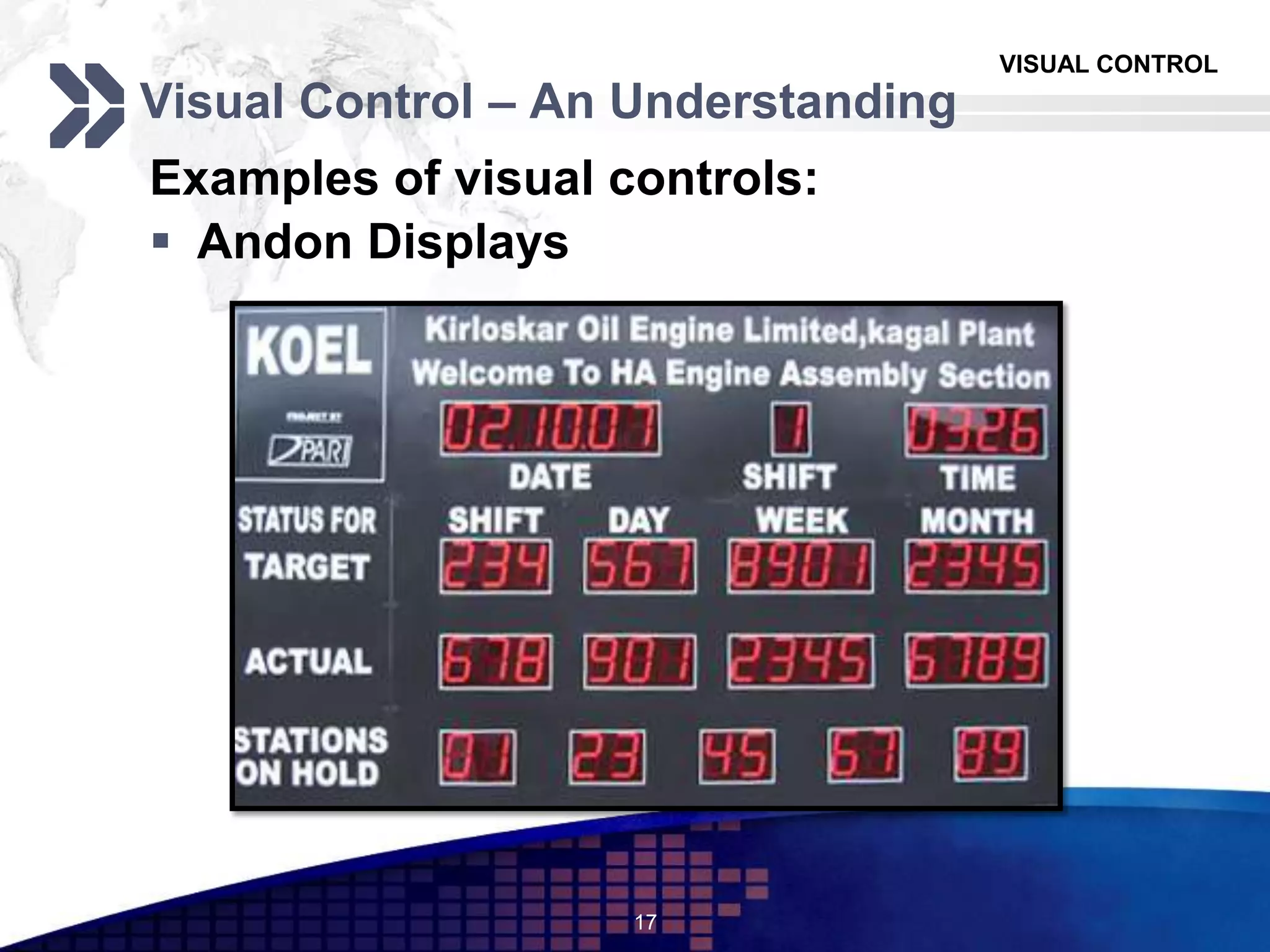 VISUAL CONTROL
Visual Control – An Understanding
Examples of visual controls:
 Andon Displays
17
 
