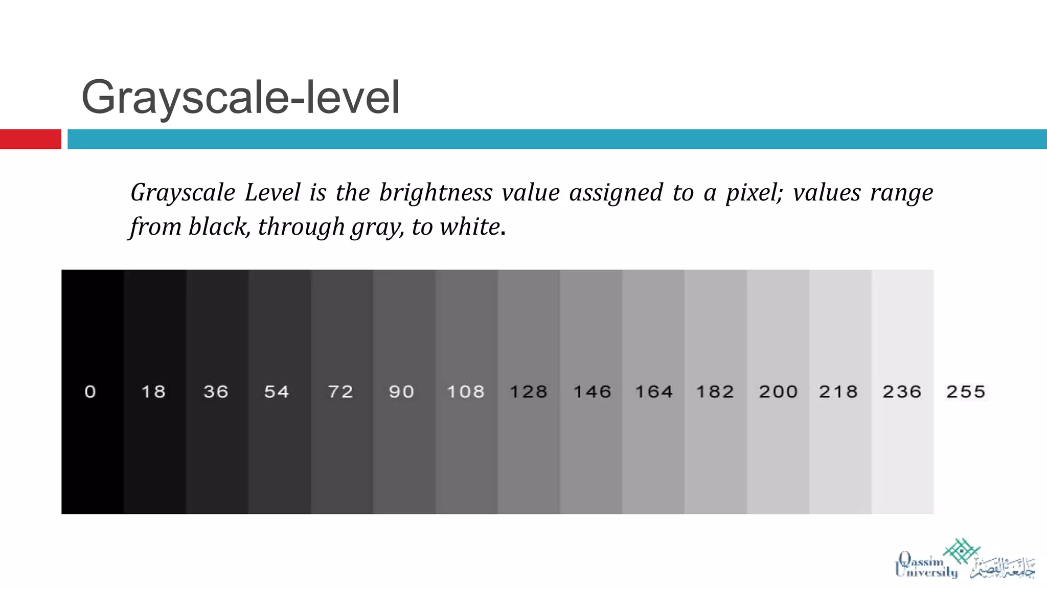 Grayscale-level
Grayscale Level is the brightness value assigned to a pixel; values range
from black, through gray, to white.
 