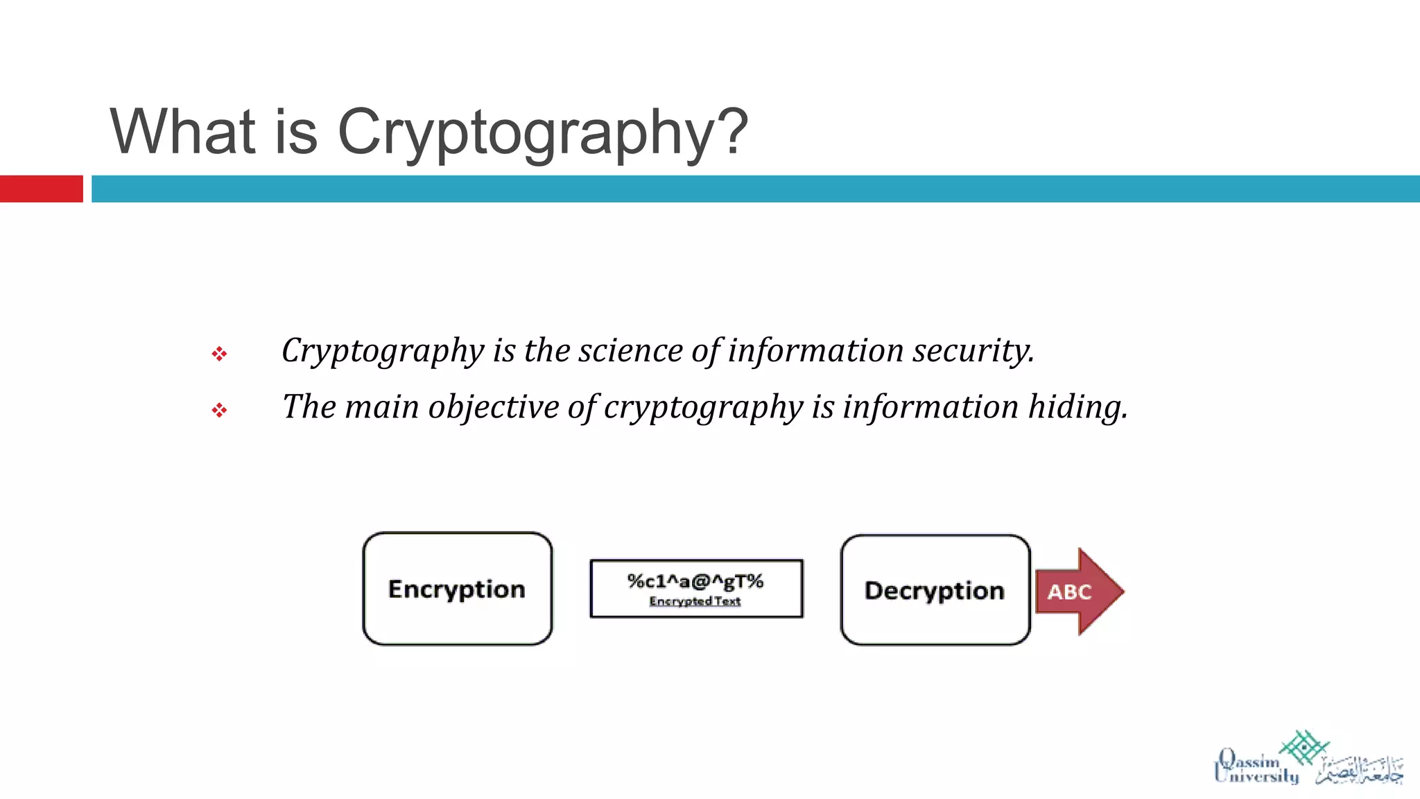 What is Cryptography?
 Cryptography is the science of information security.
 The main objective of cryptography is information hiding.
 