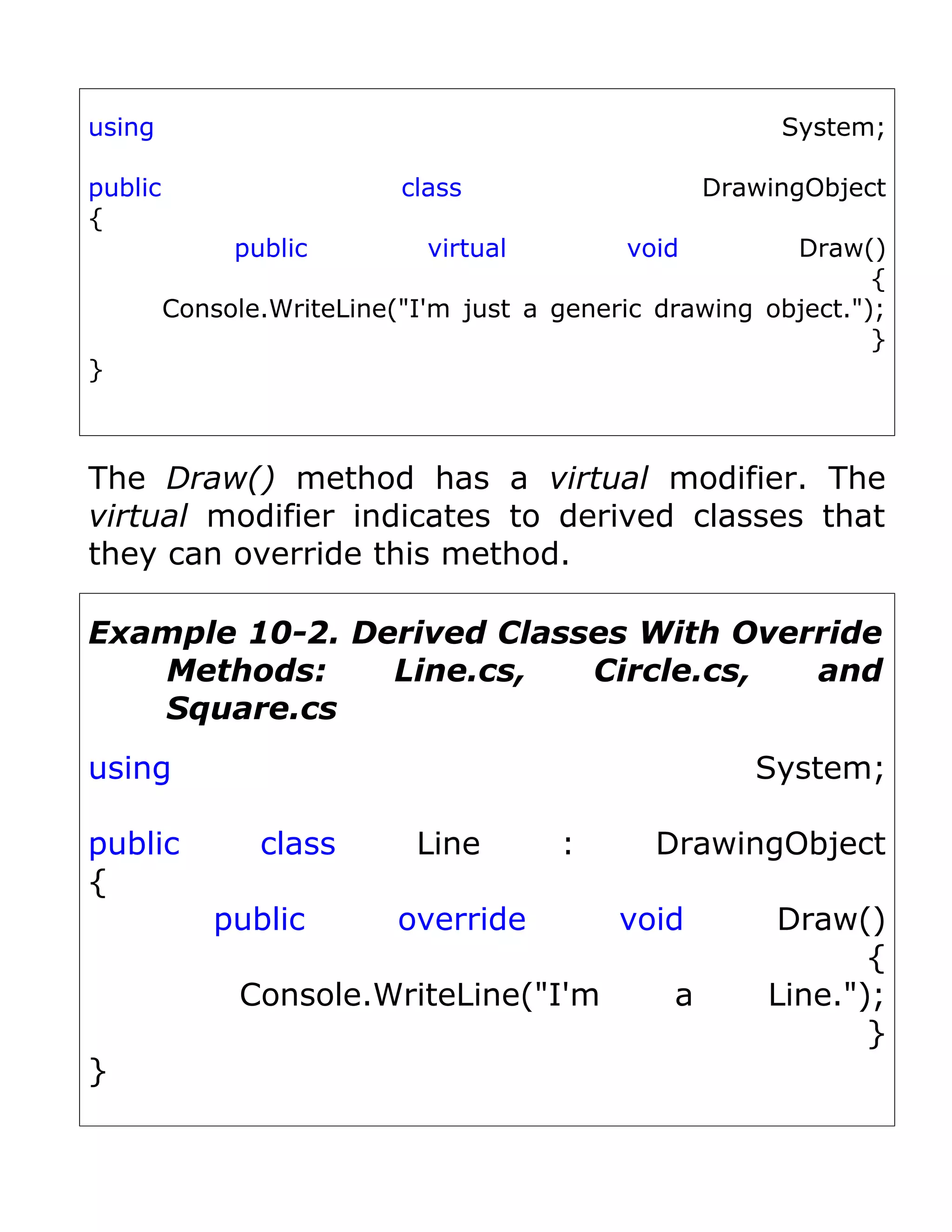 using                                                    System;

public                     class                    DrawingObject
{
              public         virtual        void         Draw()
                                                                {
         Console.WriteLine("I'm just a generic drawing object.");
                                                                }
}



The Draw() method has a virtual modifier. The
virtual modifier indicates to derived classes that
they can override this method.

Example 10-2. Derived Classes With Override
   Methods:     Line.cs,   Circle.cs,  and
   Square.cs
using                                                  System;

public          class       Line       :       DrawingObject
{
            public         override         void         Draw()
                                                               {
              Console.WriteLine("I'm            a       Line.");
                                                               }
}
 