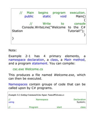 //    Main         begins program
                                        execution.
                public          static    void
                                            Main()
                                                  {
                //       Write      to     console
            Console.WriteLine("Welcome to the C#
     Station                           Tutorial!");
                                                  }
     }



Note:
Example 2-1 has 4 primary elements, a
namespace declaration, a class, a Main method,
and a program statement. You can compile:
     csc.exe Welcome.cs
This produces a file named Welcome.exe, which
can then be executed.
Namespaces contain groups of code that can be
called upon by C# programs.

Example 2-2. Getting Command-Line Input: NamedWelcome.cs

//                         Namespace                       Declaration
using                                                        System;

//                  Program                     start            class
 