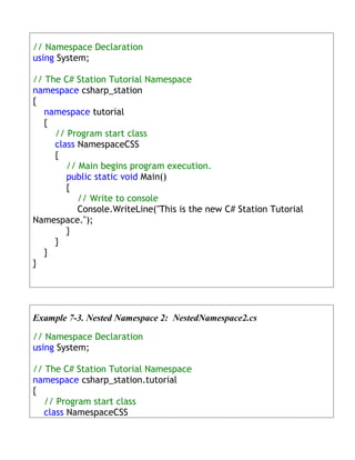 // Namespace Declaration
using System;

// The C# Station Tutorial Namespace
namespace csharp_station
{
   namespace tutorial
   {
     // Program start class
     class NamespaceCSS
     {
        // Main begins program execution.
        public static void Main()
        {
           // Write to console
           Console.WriteLine("This is the new C# Station Tutorial
Namespace.");
        }
     }
   }
}




Example 7-3. Nested Namespace 2: NestedNamespace2.cs

// Namespace Declaration
using System;

// The C# Station Tutorial Namespace
namespace csharp_station.tutorial
{
   // Program start class
   class NamespaceCSS
 