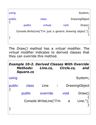 using                                                    System;

public                     class                    DrawingObject
{
              public         virtual        void         Draw()
                                                                {
         Console.WriteLine("I'm just a generic drawing object.");
                                                                }
}



The Draw() method has a virtual modifier. The
virtual modifier indicates to derived classes that
they can override this method.

Example 10-2. Derived Classes With Override
   Methods:     Line.cs,   Circle.cs,  and
   Square.cs
using                                                  System;

public          class       Line       :       DrawingObject
{
            public         override         void         Draw()
                                                               {
              Console.WriteLine("I'm            a       Line.");
                                                               }
}
 