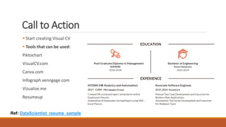 Call to Action
 Start creating Visual CV
 Tools that can be used:
Piktochart
VisualCV.com
Canva.com
Infograph.venngage.com
Vizualize.me
Resumeup
Ref: DataScientist_resume_sample
 