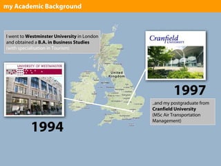 my Academic Background



I went to Westminster University in London
and obtained a B.A. in Business Studies
(with specialisation in Tourism)




                                                      1997
                                             ..and my postgraduate from
                                             Cranfield University
                                             (MSc Air Transportation
                                             Management)
           1994
 