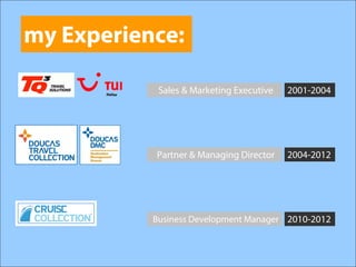 my Experience:

            Sales & Marketing Executive   2001-2004




           Partner & Managing Director    2004-2012




           Business Development Manager 2010-2012
 