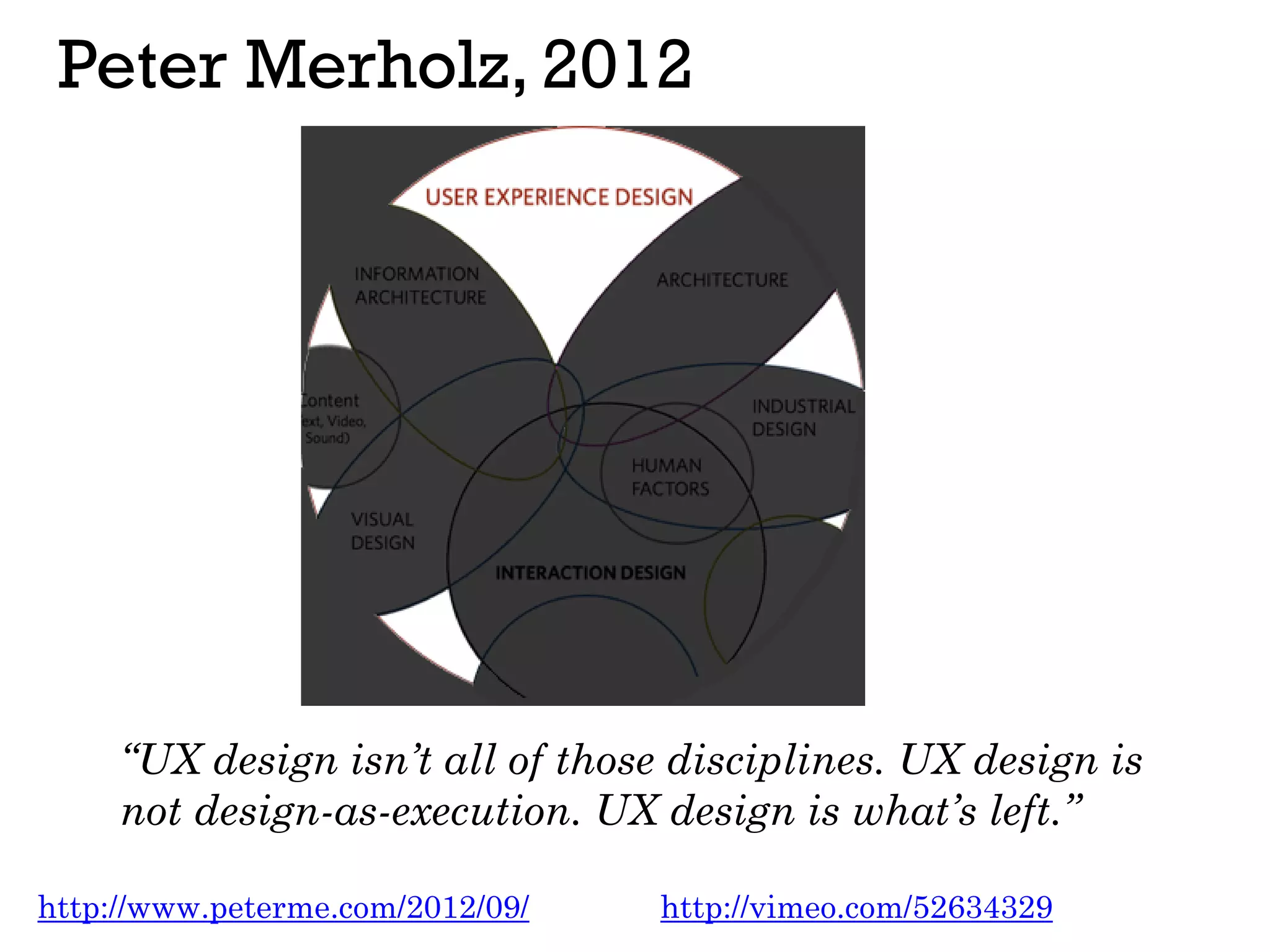 Peter Merholz, 2012
http://www.peterme.com/2012/09/
“UX design isn’t all of those disciplines. UX design is
not design-as-execution. UX design is what’s left.”
http://vimeo.com/52634329
 