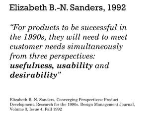Elizabeth B.-N. Sanders, 1992
“For products to be successful in
the 1990s, they will need to meet
customer needs simultane...