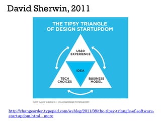 http://changeorder.typepad.com/weblog/2011/09/the-tipsy-triangle-of-software-
startupdom.html - more
David Sherwin, 2011
 
