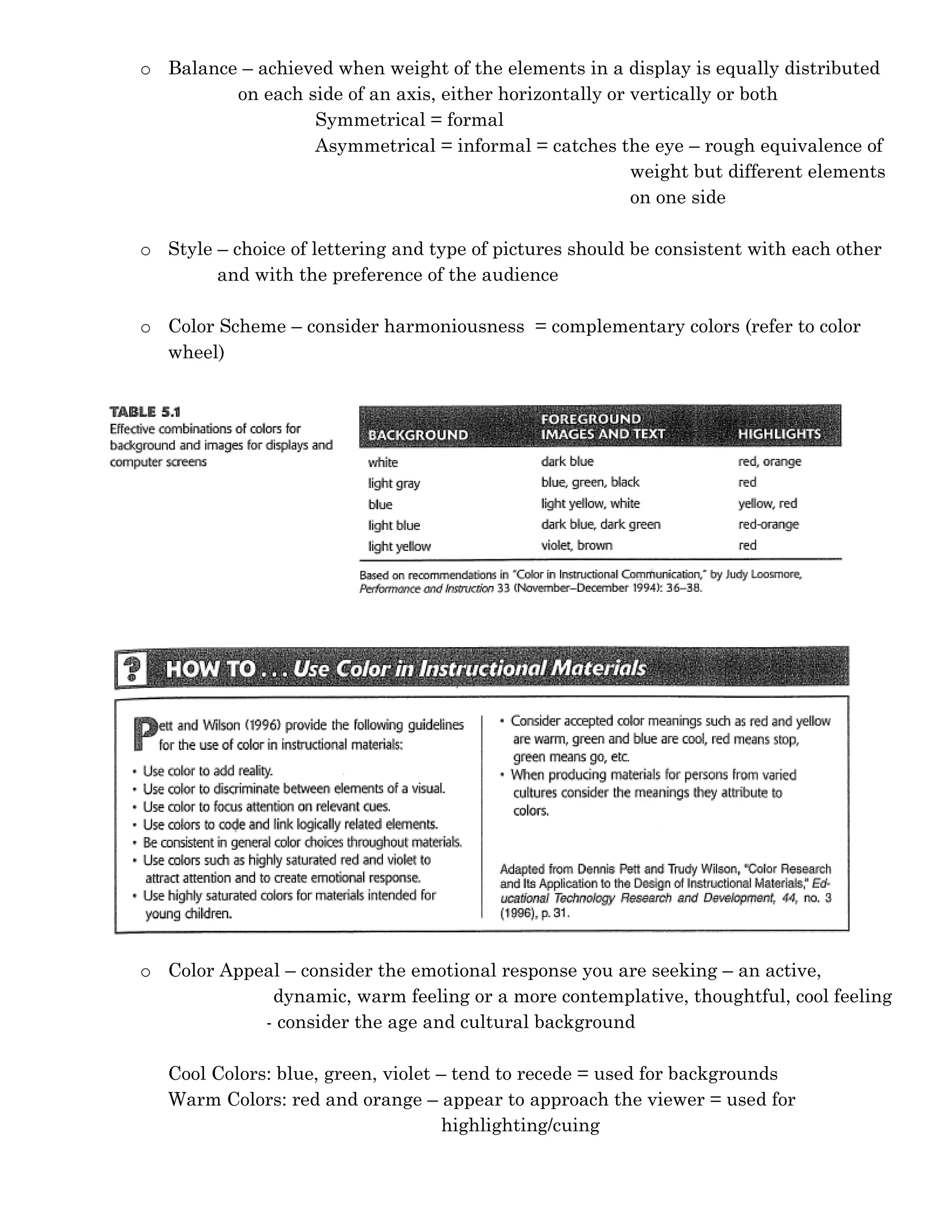 o Balance – achieved when weight of the elements in a display is equally distributed
         on each side of an axis, either horizontally or vertically or both
                  Symmetrical = formal
                  Asymmetrical = informal = catches the eye – rough equivalence of
                                                         weight but different elements
                                                         on one side

o Style – choice of lettering and type of pictures should be consistent with each other
        and with the preference of the audience

o Color Scheme – consider harmoniousness = complementary colors (refer to color
  wheel)




o Color Appeal – consider the emotional response you are seeking – an active,
             dynamic, warm feeling or a more contemplative, thoughtful, cool feeling
            - consider the age and cultural background

   Cool Colors: blue, green, violet – tend to recede = used for backgrounds
   Warm Colors: red and orange – appear to approach the viewer = used for
                                     highlighting/cuing
 