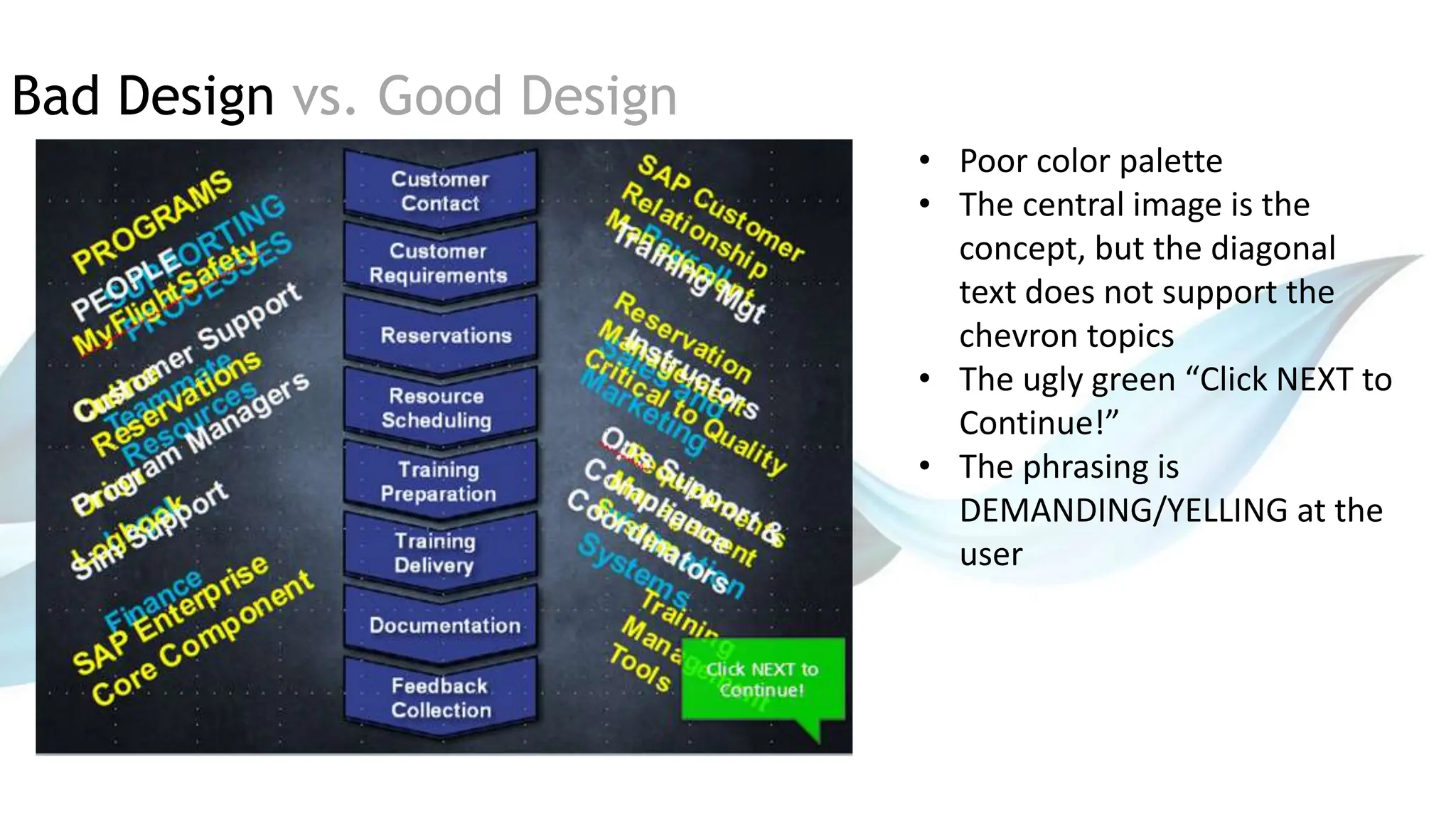 Bad Design vs. Good Design
• Poor color palette
• The central image is the
concept, but the diagonal
text does not support the
chevron topics
• The ugly green “Click NEXT to
Continue!”
• The phrasing is
DEMANDING/YELLING at the
user
 