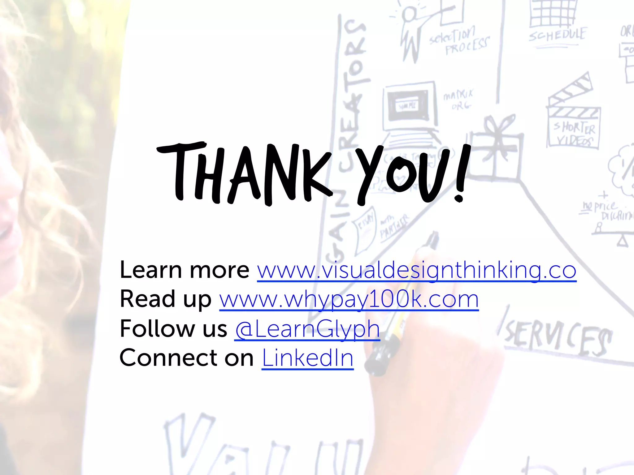 Thank you! TM
Learn more www.visualdesignthinking.co
Read up www.whypay100k.com
Follow us @LearnGlyph
Connect on LinkedIn
 