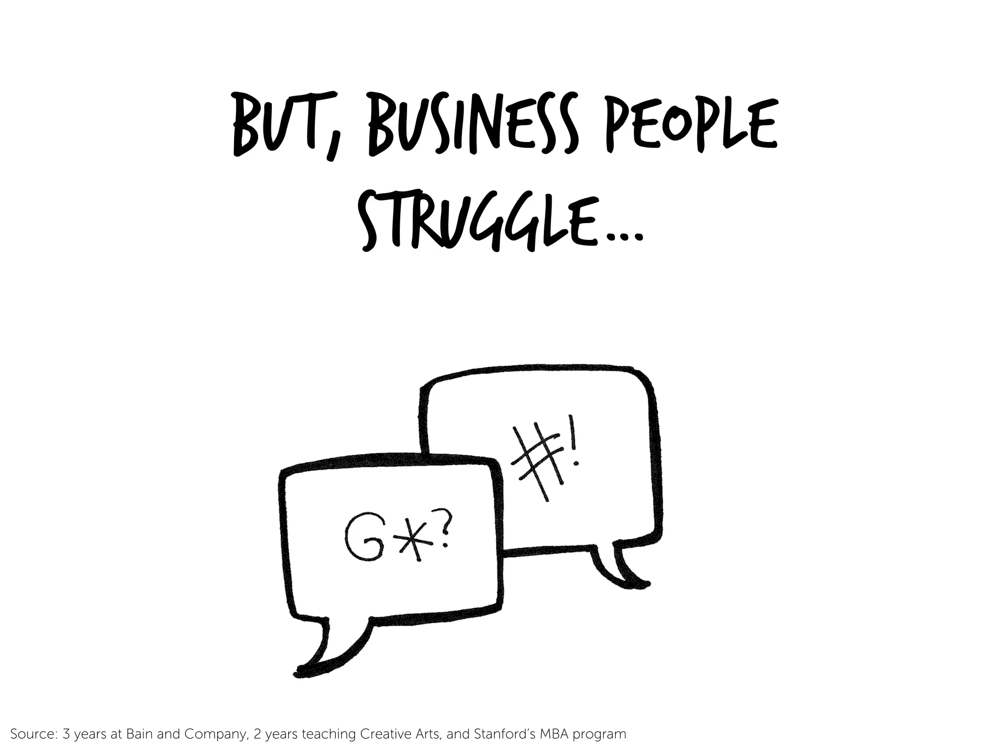 But, Business people
struggle…
Source: 3 years at Bain and Company, 2 years teaching Creative Arts, and Stanford’s MBA program
 