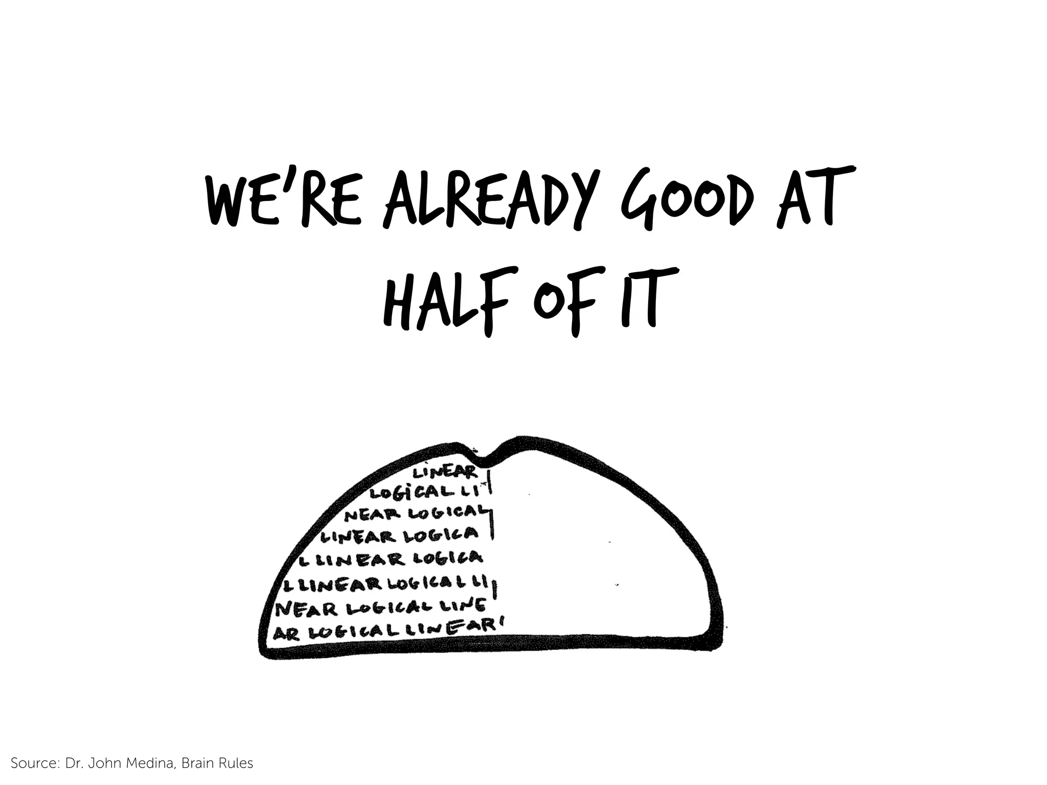 We’re already good at
Half of it
Source: Dr. John Medina, Brain Rules	
  
 