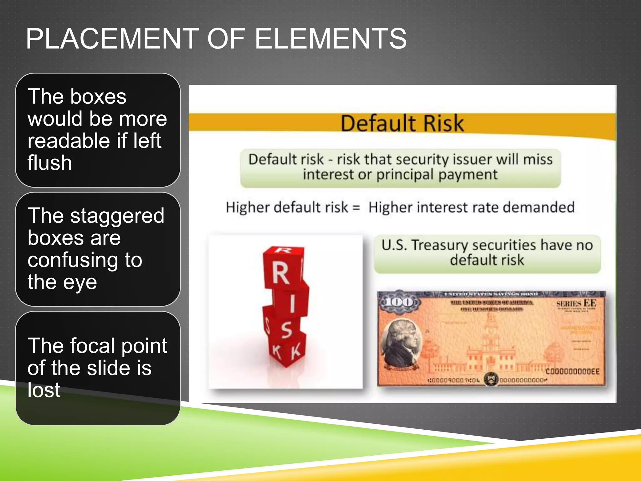 PLACEMENT OF ELEMENTS
The boxes
would be more
readable if left
flush
The staggered
boxes are
confusing to
the eye
The focal point
of the slide is
lost
 