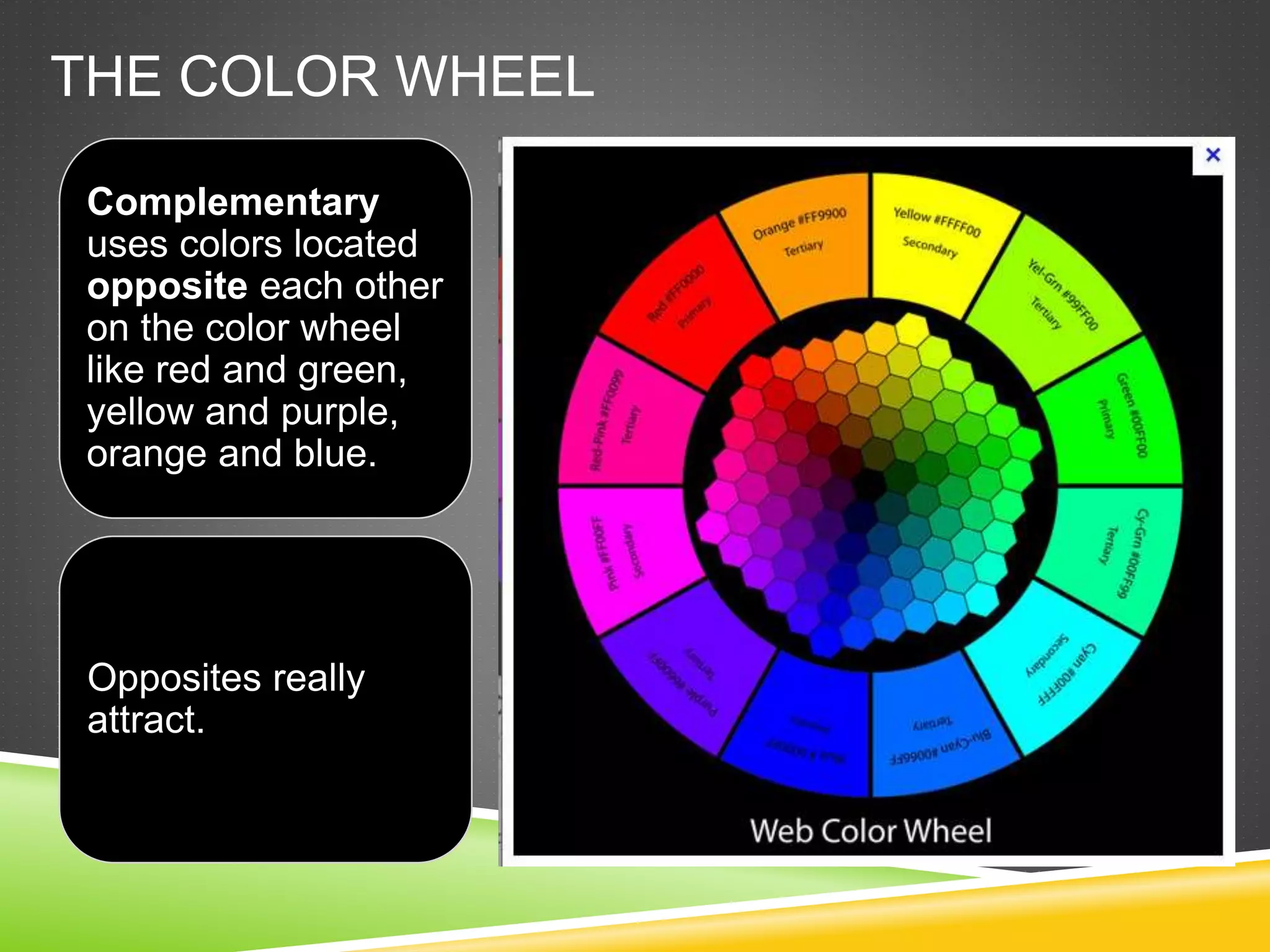 THE COLOR WHEEL
Complementary
uses colors located
opposite each other
on the color wheel
like red and green,
yellow and purple,
orange and blue.
Opposites really
attract.
 