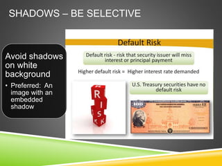 SHADOWS – BE SELECTIVE
Avoid shadows
on white
background
• Preferred: An
image with an
embedded
shadow
 