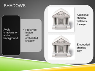 SHADOWS
• Preferred:
Image
with
embedded
shadow
Avoid
shadows on
white
background
Embedded
shadow
only
Additional
shadow
distracts
the eye
 