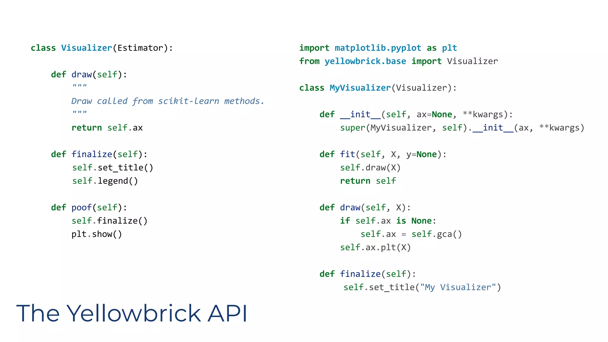 class Visualizer(Estimator):
def draw(self):
"""
Draw called from scikit-learn methods.
"""
return self.ax
def finalize(self):
self.set_title()
self.legend()
def poof(self):
self.finalize()
plt.show()
import matplotlib.pyplot as plt
from yellowbrick.base import Visualizer
class MyVisualizer(Visualizer):
def __init__(self, ax=None, **kwargs):
super(MyVisualizer, self).__init__(ax, **kwargs)
def fit(self, X, y=None):
self.draw(X)
return self
def draw(self, X):
if self.ax is None:
self.ax = self.gca()
self.ax.plt(X)
def finalize(self):
self.set_title("My Visualizer")
The Yellowbrick API
 
