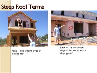 Steep Roof Terms Rake – The sloping edge of a steep roof Eave – The horizontal edge at the low side of a sloping roof. 